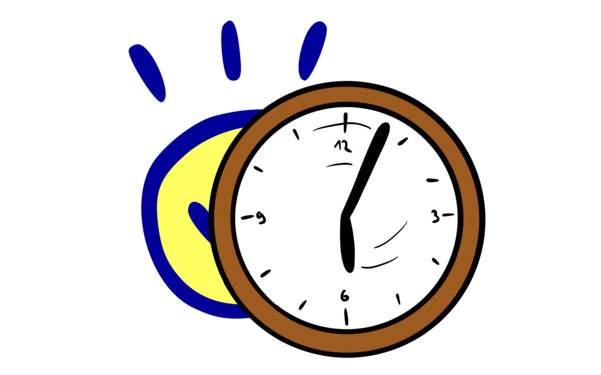 drawing of clock showing 6:05, with toki pona symbol behind it