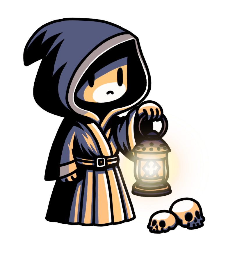 person with lantern and skulls