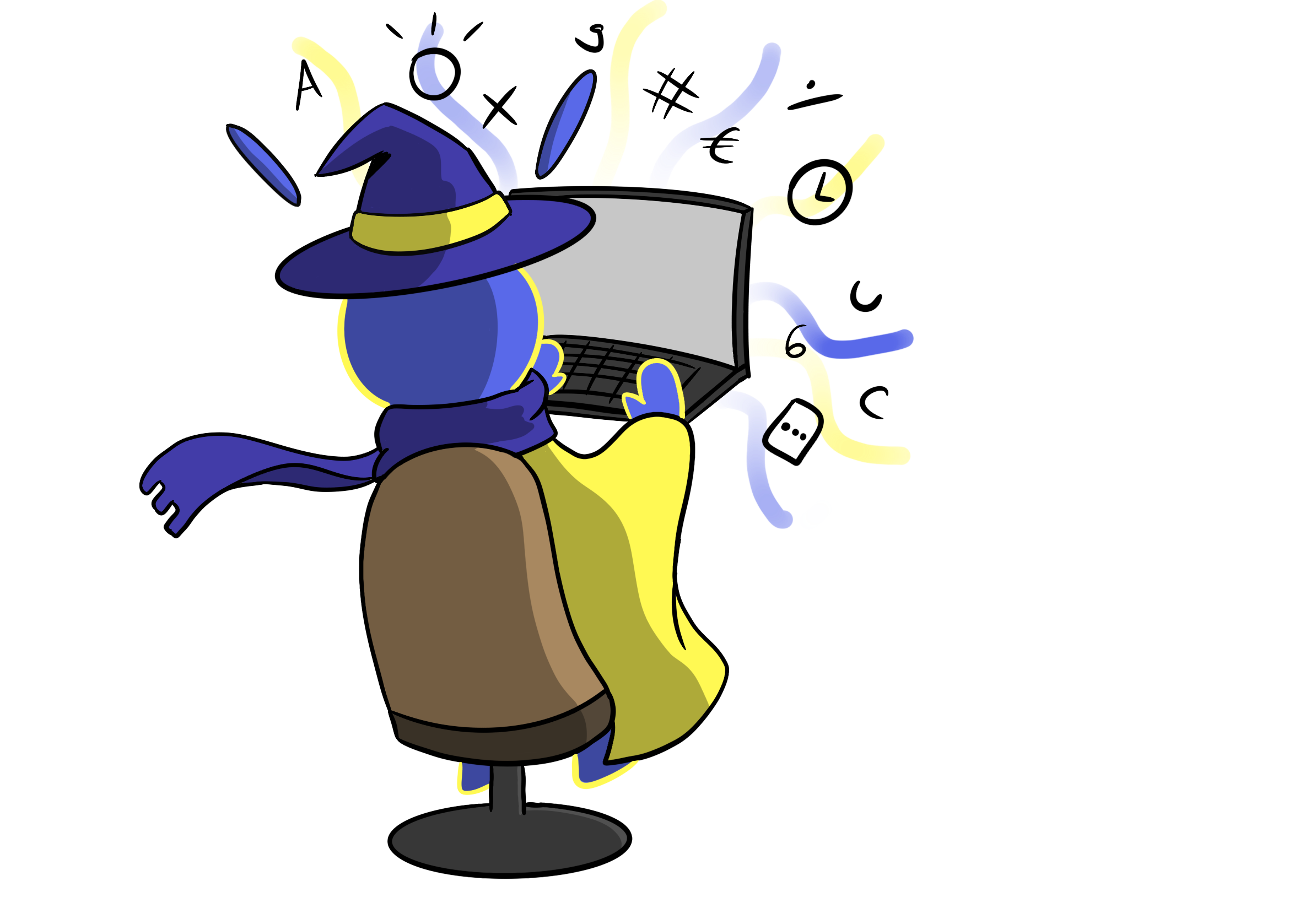 drawing of jan Tokipo using computer with characters flying from screen