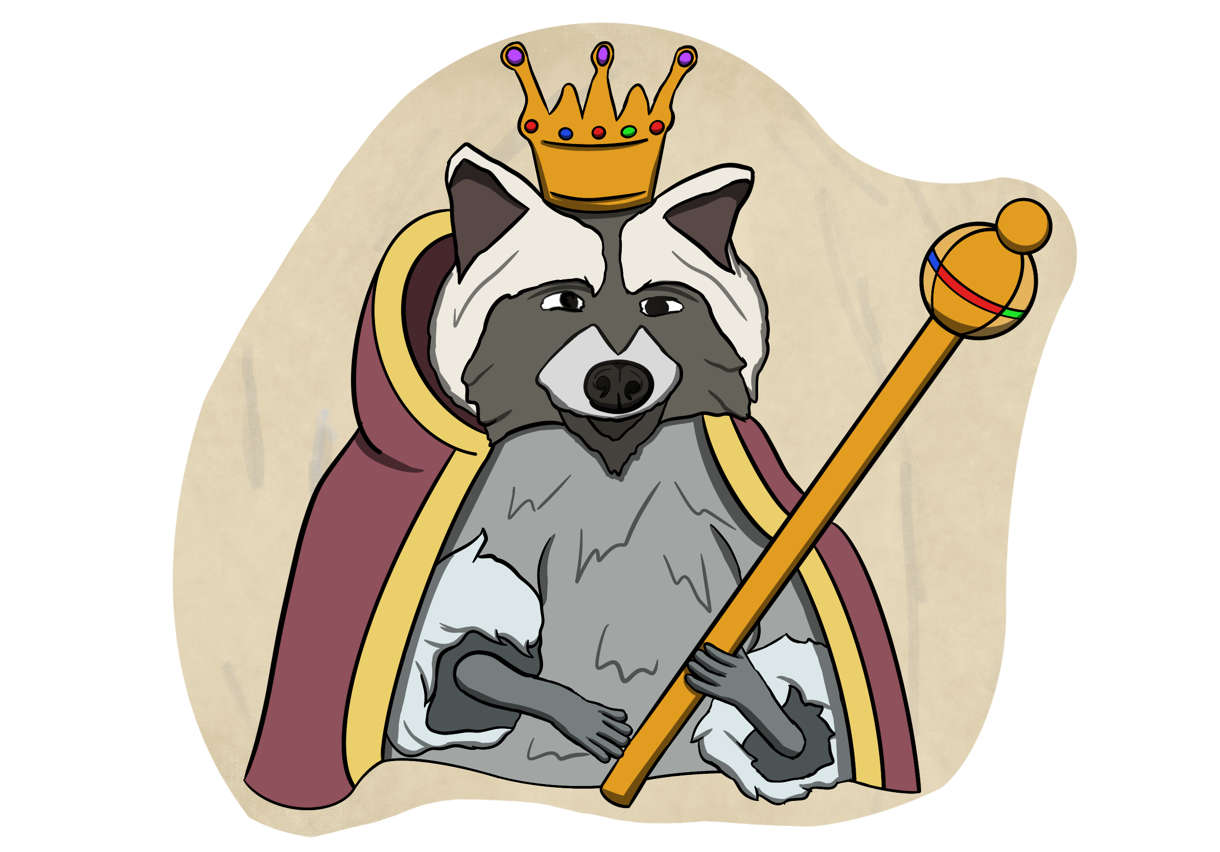 old-looking raccoon, dressed regally