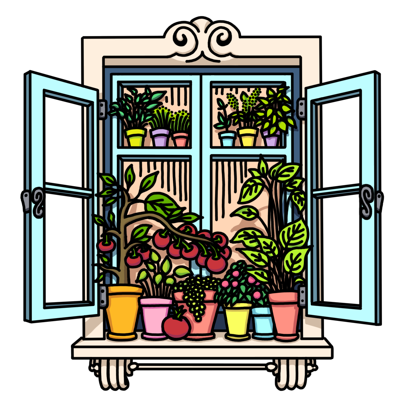 drawing of many plants on a windowsill