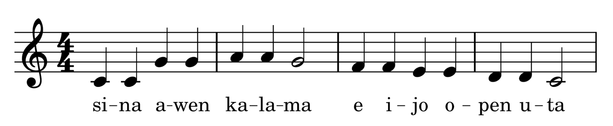 musical notation with lyrics: si-na a-wen ka-la-ma e i-jo o-pen u-ta