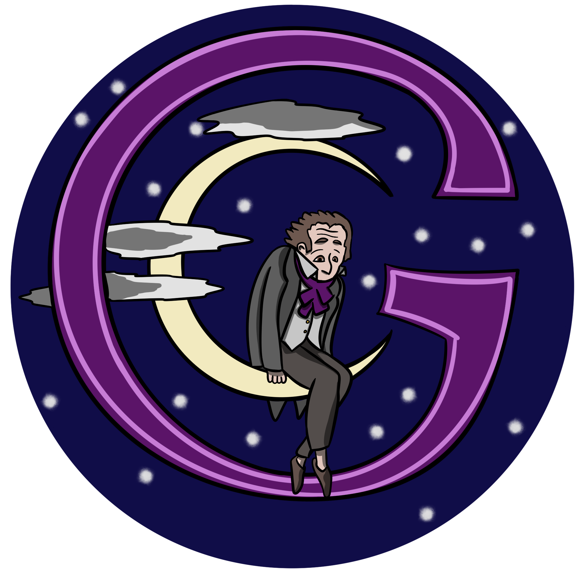 drawing of person in suit sitting on a big letter G in the sky