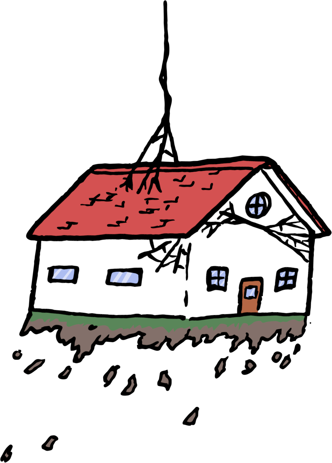 drawing of spider web lifting a small house