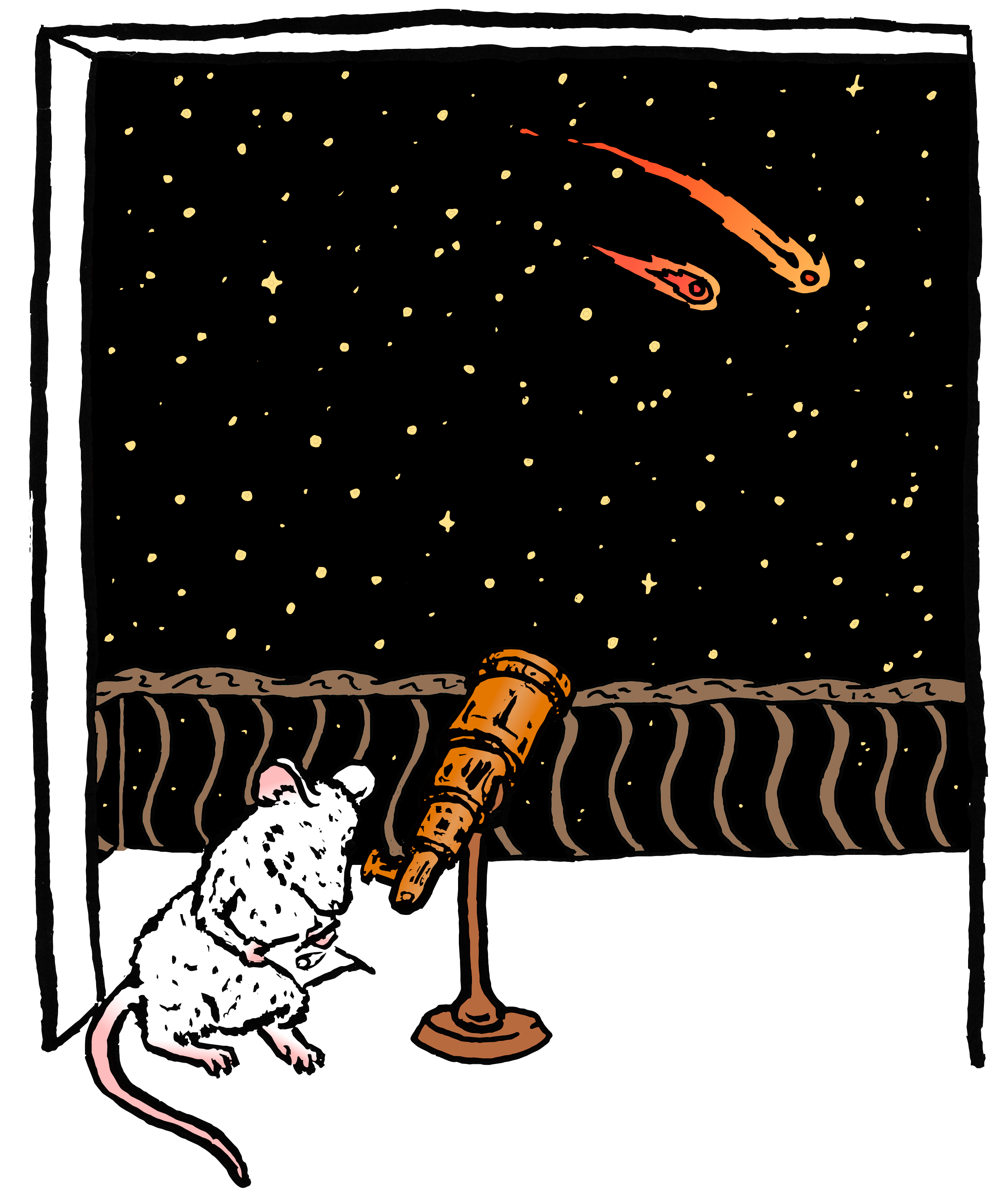 drawing of a mouse looking at a pair of comets through a telescope by a window